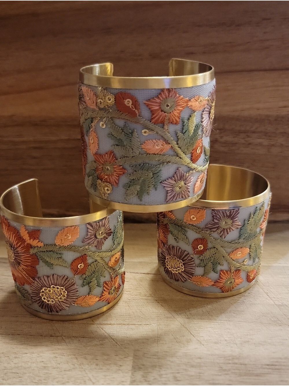 Rust Rose Pink Embroidered Brushed Gold tone Vintage Inspired Cuff Bracelet - Picture 7 of 11